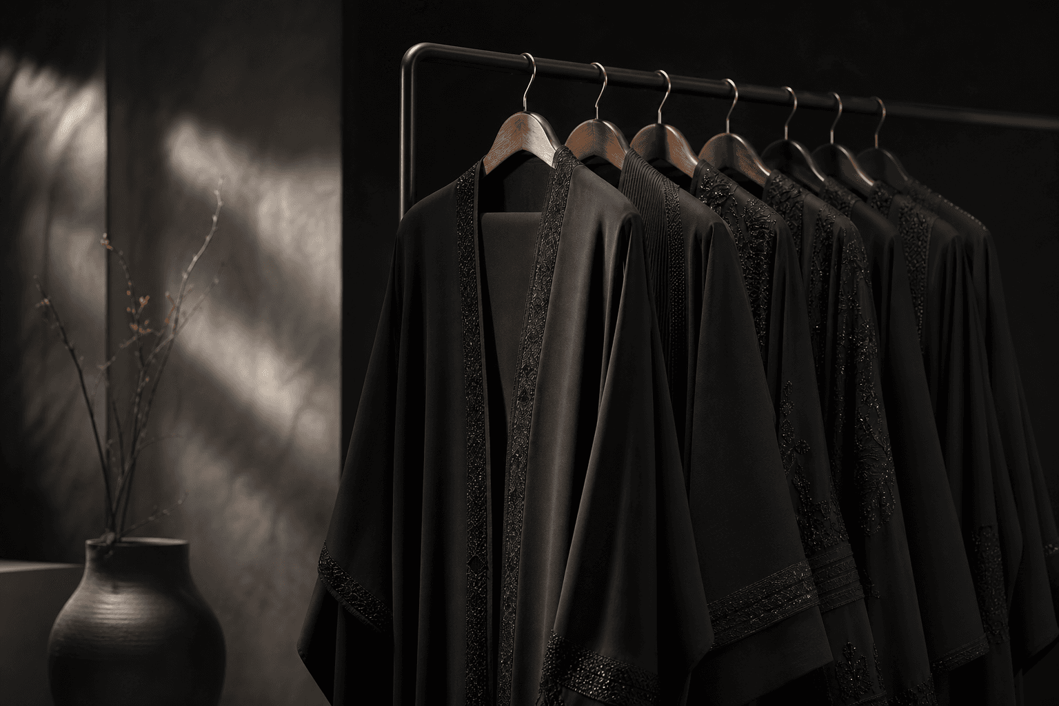 Row of classic black abayas on hangers in monochrome