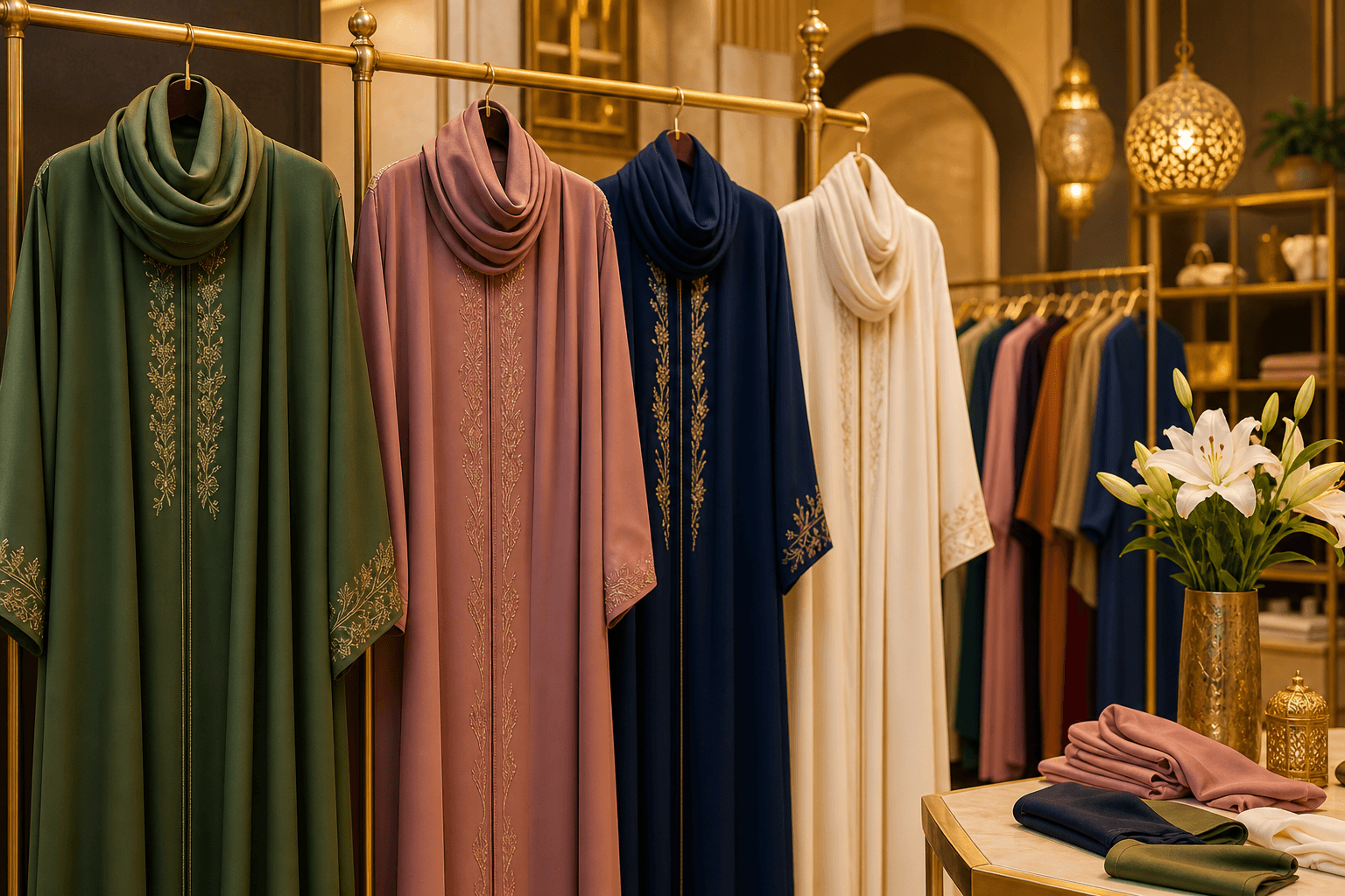 Colourful abaya boutique display with matching hijabs