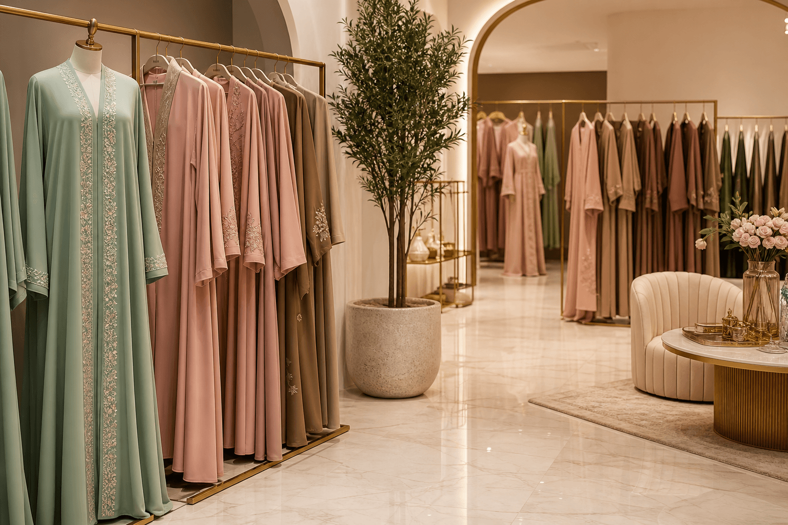 Elegant modest fashion boutique interior with abayas on gold rails