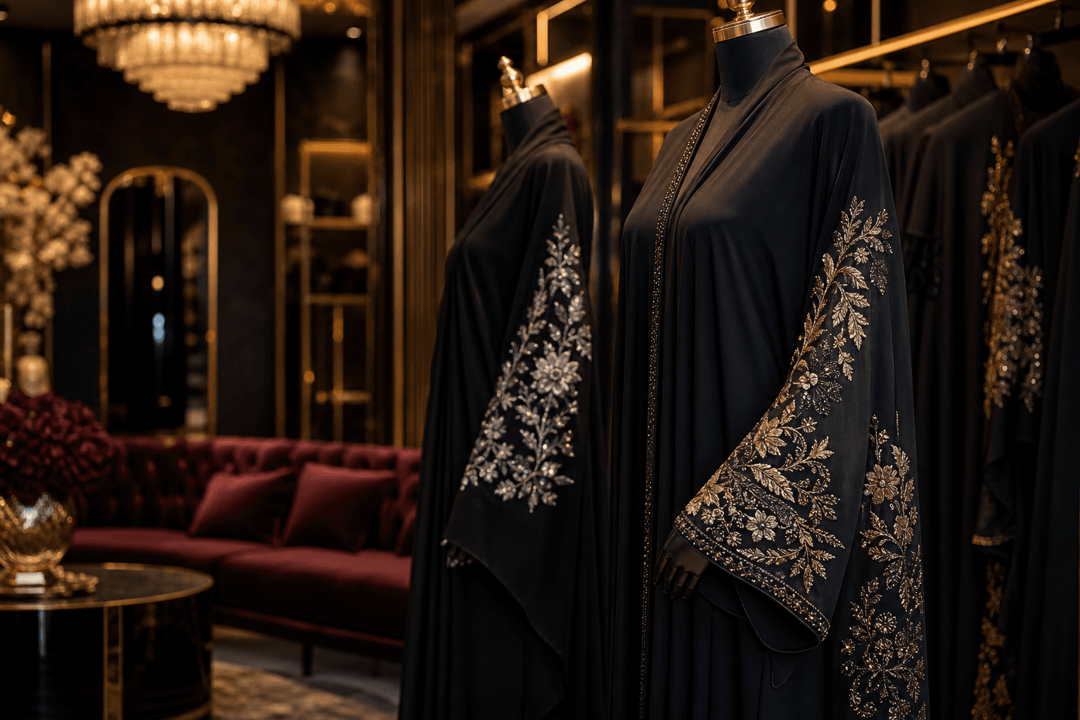 Luxury black embroidered abayas in a premium boutique