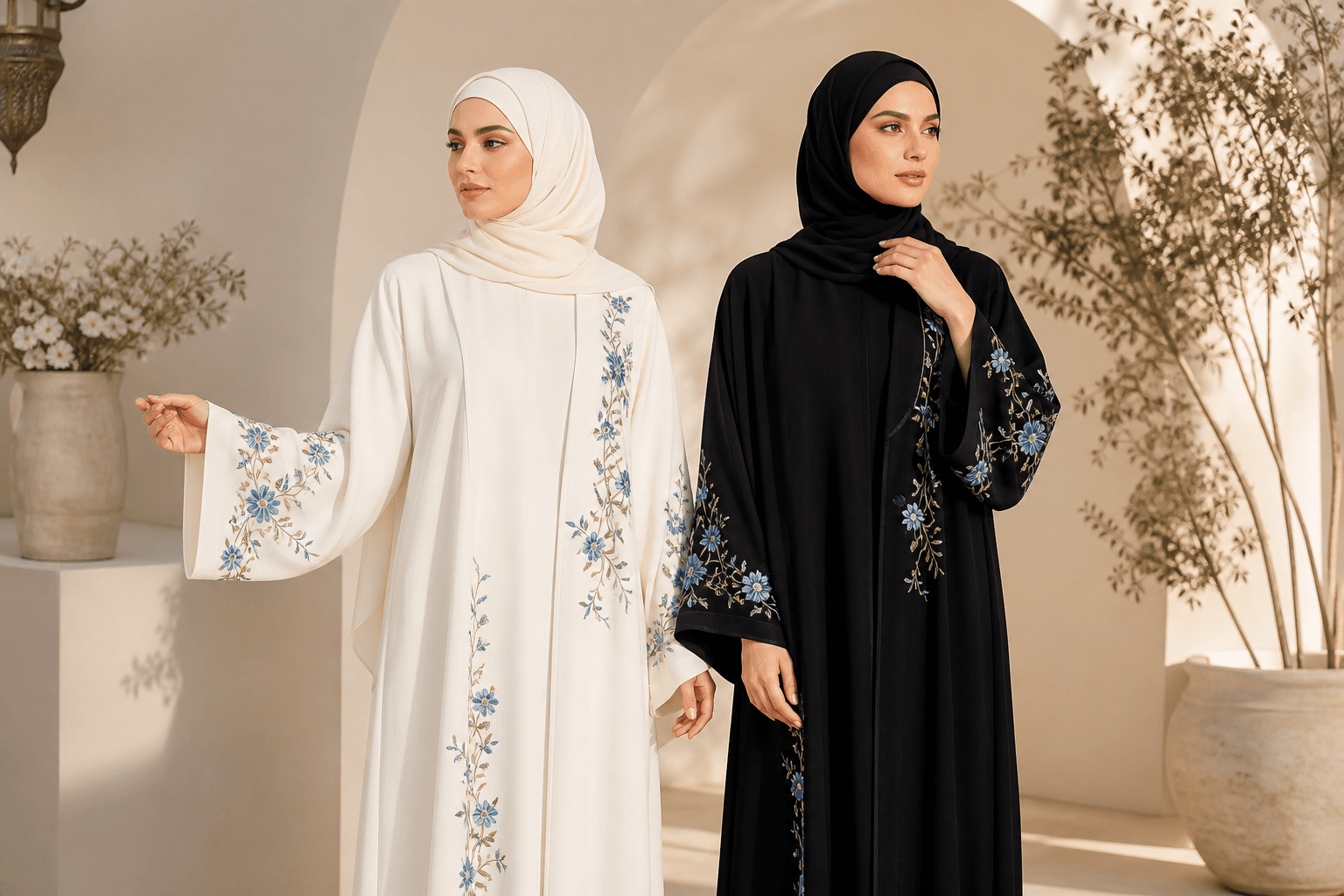 White and black floral embroidered abayas on display