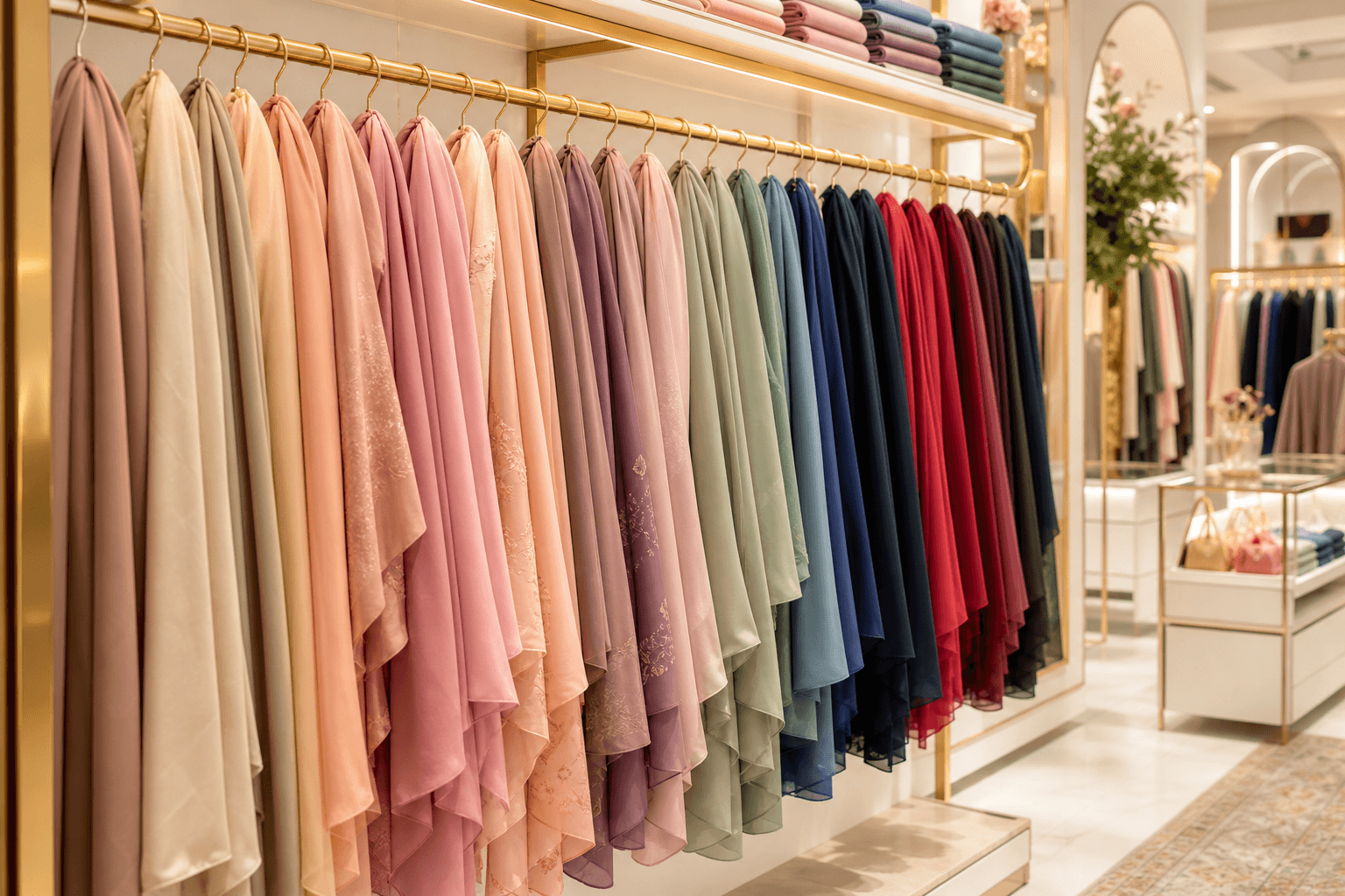 Colourful hijab collection displayed on shop rails