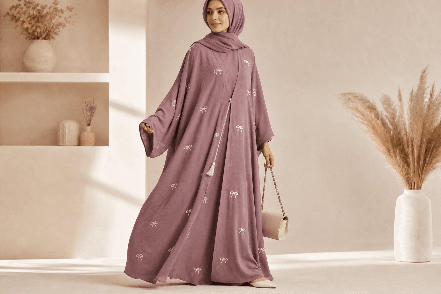 Mauve abaya with white bow embroidery pattern