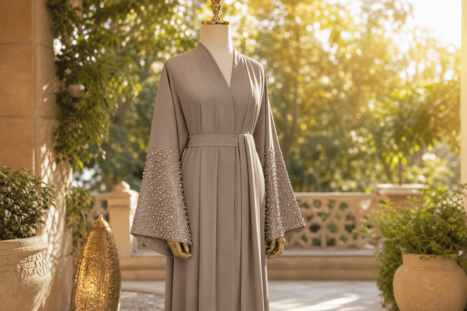 Grey abaya with pearl-trimmed bell sleeves in a garden setting